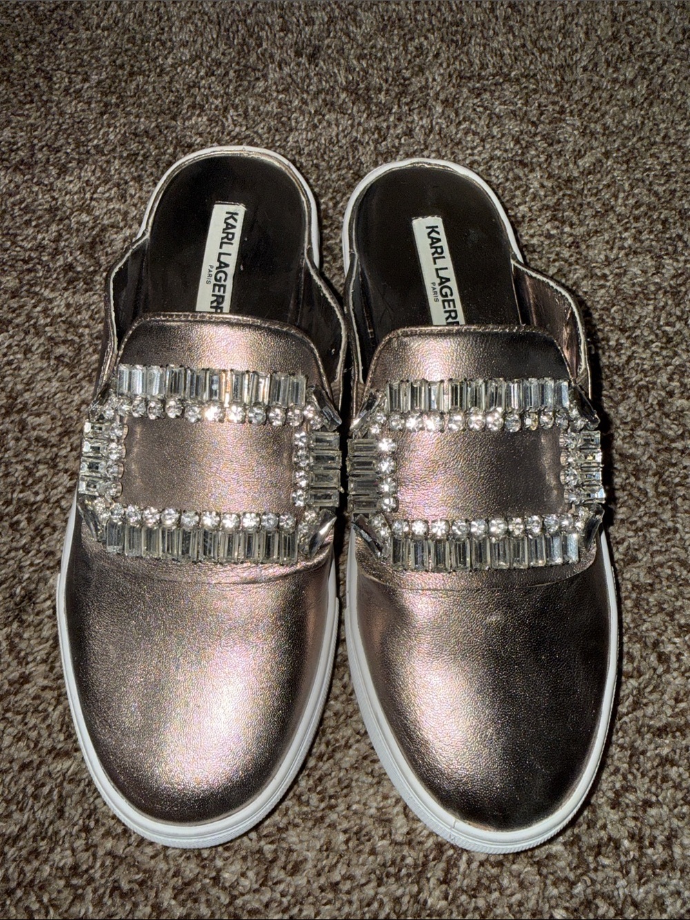 Karl Lagerfeld Metallic Rose Gold Jeweled Mules
